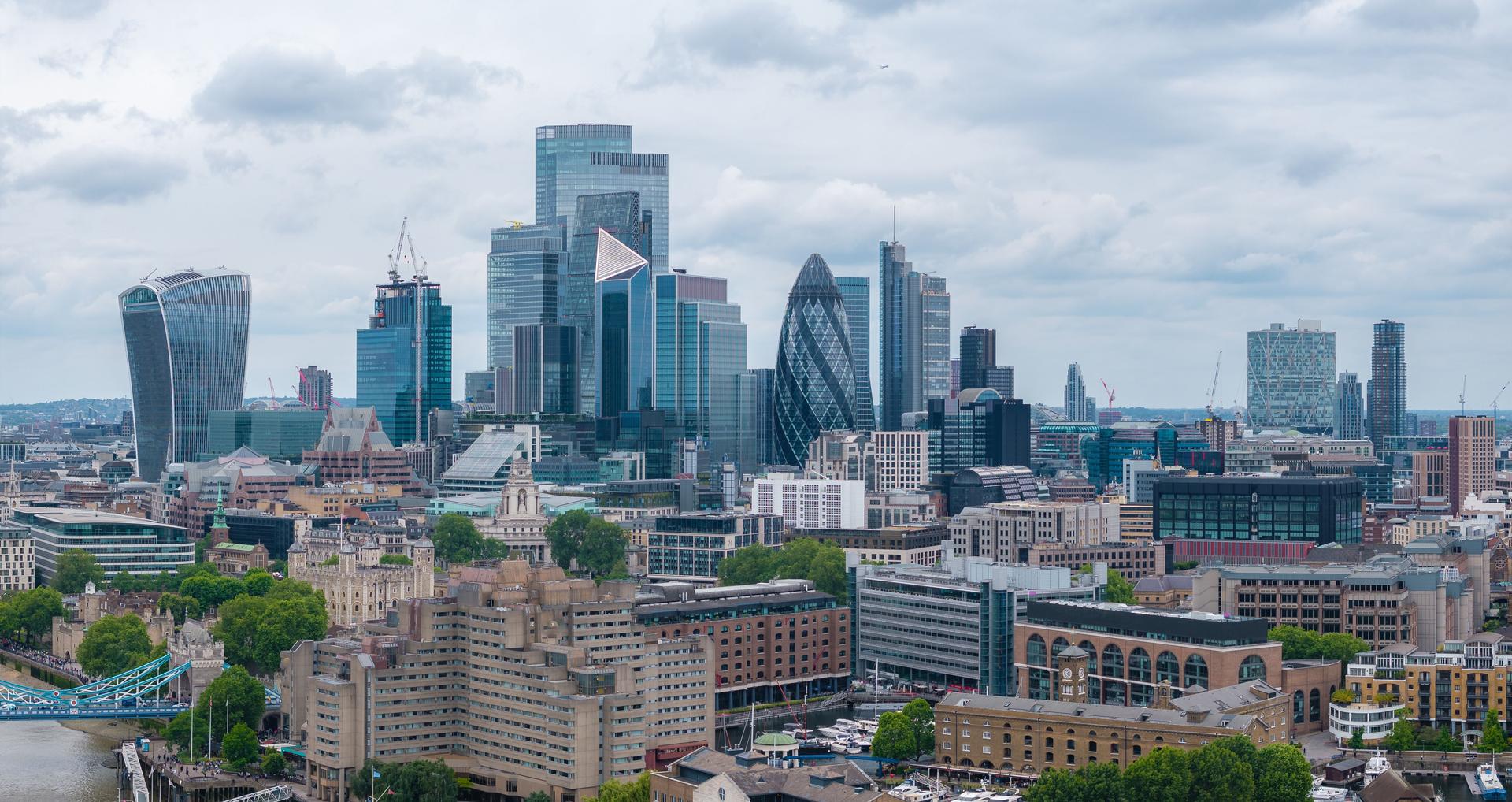 Aerial panoramic view of the city of London business center.